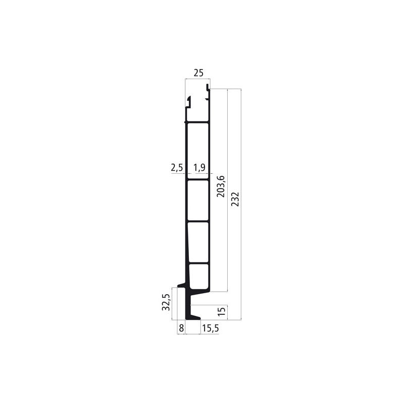 Aluminium Profil 25er SL, 232er Unterteil Stirnwand, pressblank, gefräst und gebohrt gemäß Zeichnung 08 305 31, Fixlänge 2240 mm