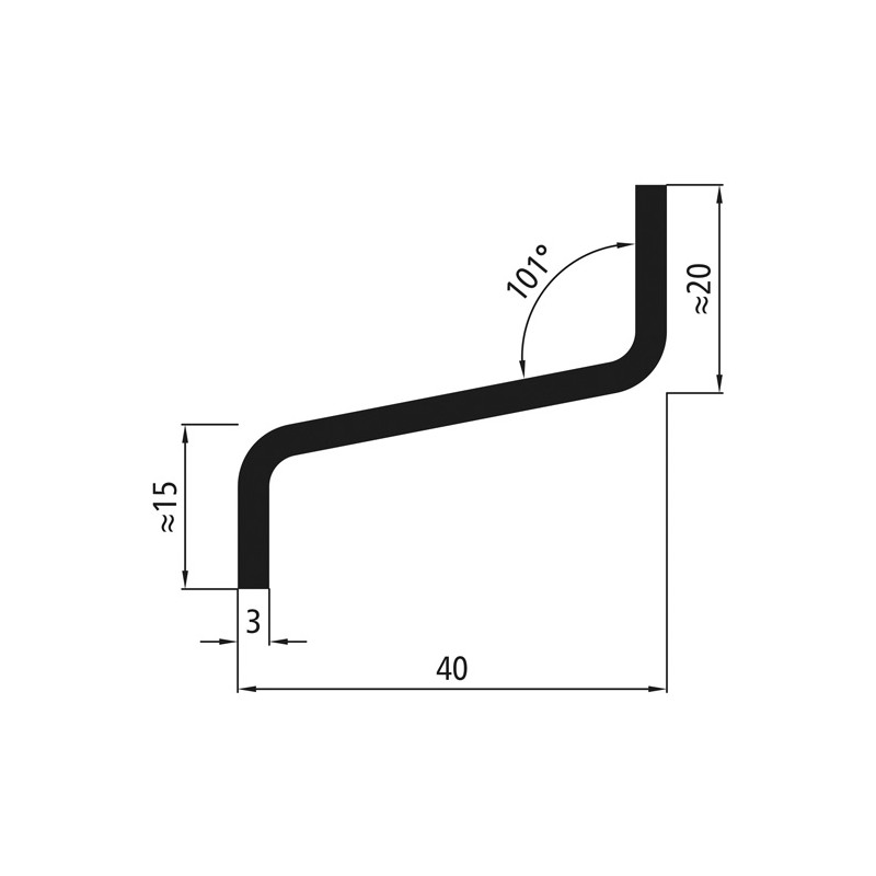 Aluminium Profil Regenleiste für Klappe über Ladebordwand, 20x40x15x3 mm, seitlich jeweils 43 mm ausgeklinkt, eloxiert E6/C0 (EV1) Natur, 2540 mm Fixlänge