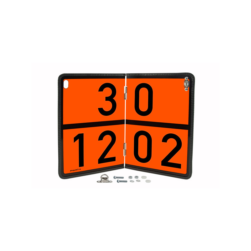 Einstofftafel klappbar, Ziffernkombination 30/1202, 400 × 300 mm, Stahlblech mit Kantenschutz, Typ I, retroreflektierend RA1/A, orange mit schwarzem Rand, mit Befestigungselementen