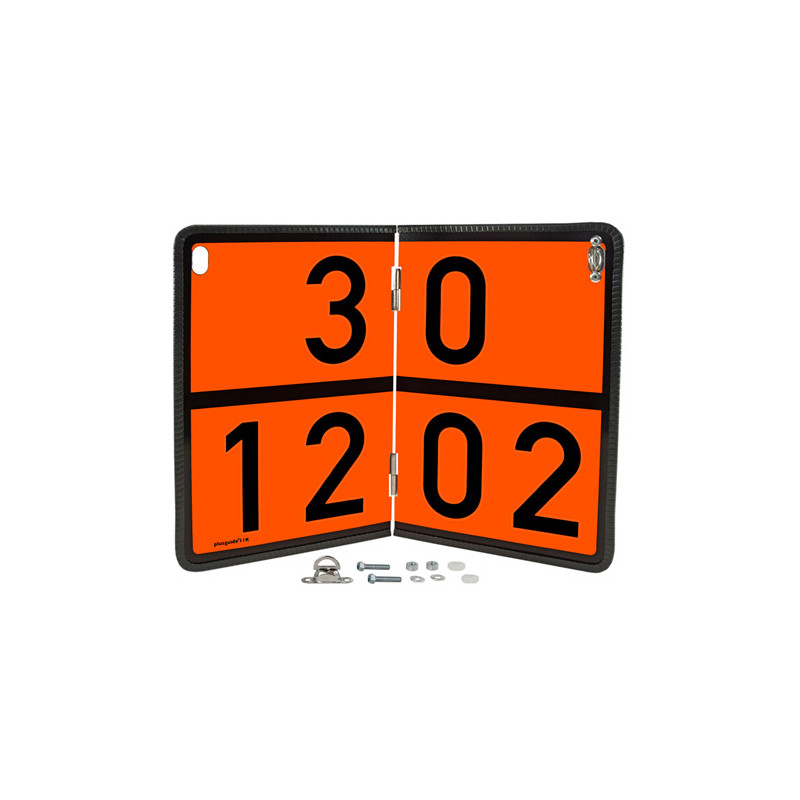 Einstofftafel klappbar, Ziffernkombination 33/1203, 400 × 300 mm, Stahlblech mit Kantenschutz, Typ I, retroreflektierend RA1/A, orange mit schwarzem Rand, mit Befestigungselementen