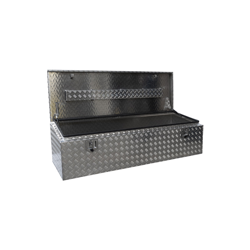 Pritschenkasten S-Box A, Alu Riffelblech 2/3 mm, 1800 × 530/430 × 630 mm (b × h × t), 2 Drehriegelverschlüsse (T-Griff) aus Edelstahl, abschließbar, Gummidichtung, Deckelöffnung...