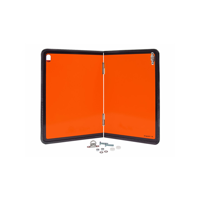 Warntafel klappbar, 400 × 300 mm, Aluminium mit Kantenschutz, Typ I, retroreflektierend RA1/A, orange mit schwarzem Rand, mit Befestigungselementen