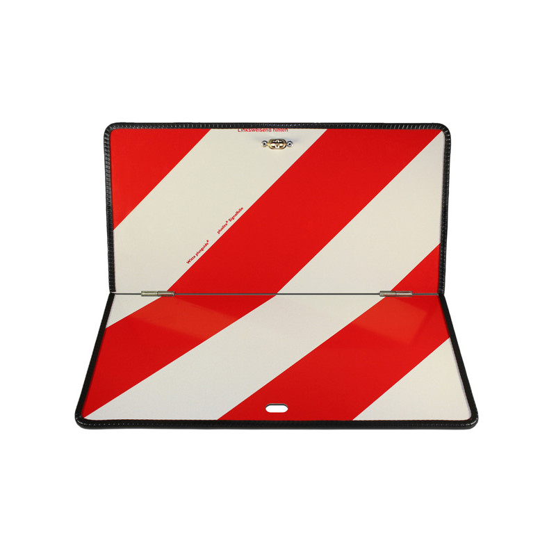 Warntafel klappbar, 423 × 423 mm, linksweisend, Stahlblech mit Kantenschutz, Typ I, retroreflektierend RA1/A, weiß-rot, mit Befestigungsmaterial