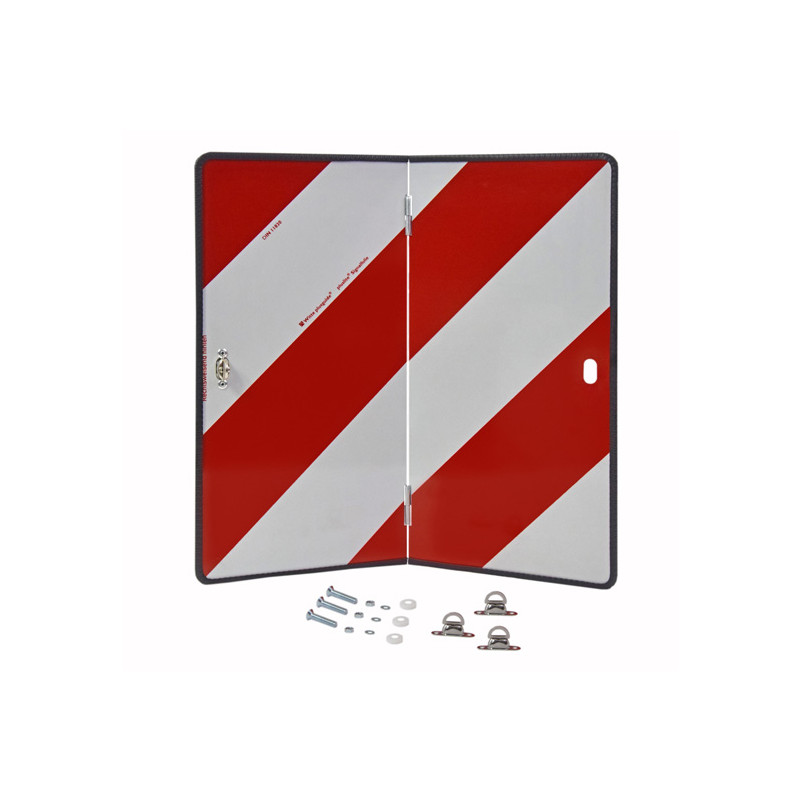 Warntafel klappbar, 423 × 423 mm, rechtsweisend, Stahlblech mit Kantenschutz, Typ I, retroreflektierend RA1/A, weiß-rot, mit Befestigungsmaterial