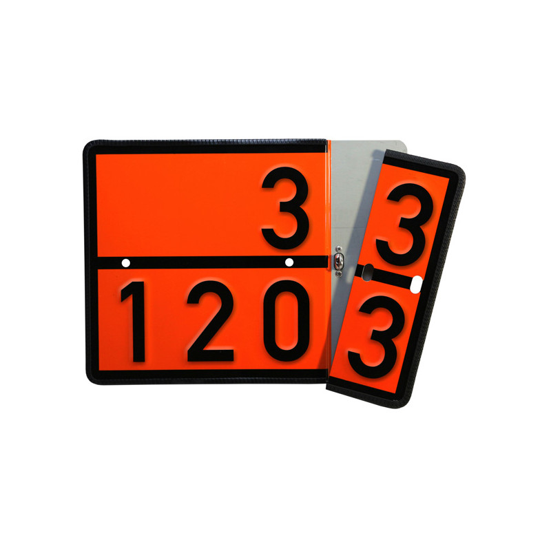 Zweistofftafel starr, mit Prägung 33/1203 bzw. 30/1202, 400 × 300 mm, Stahlblech ohne Kantenschutz, mit Wechselleiste, Typ I, retroreflektierend RA1/A, orange mit schwarzem Rand