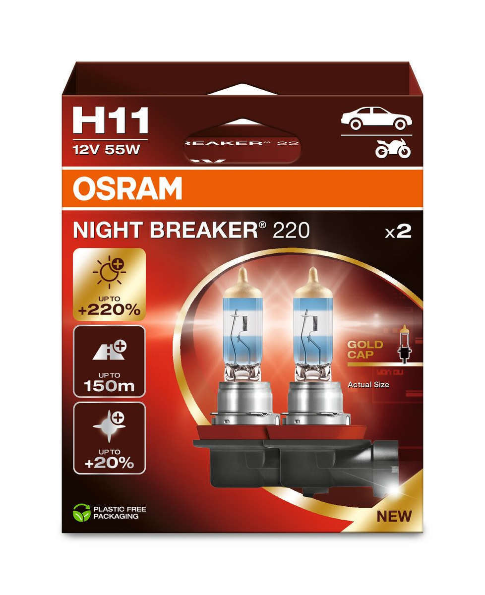 2 OSRAM NIGHT BREAKER 220 H11 Halogen-Scheinwerferlampen 1350lm 55W 13,2V