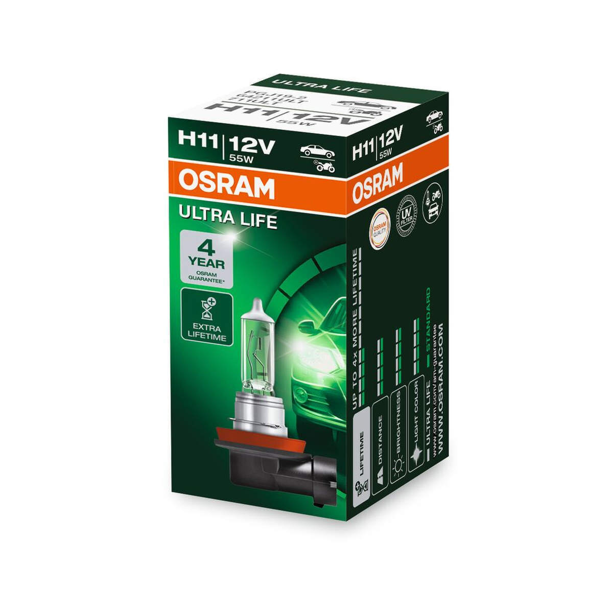 OSRAM ULTRA LIFE Halogen-Scheinwerferlampen H11 21/5W 12V 440/35lm 64211ULT