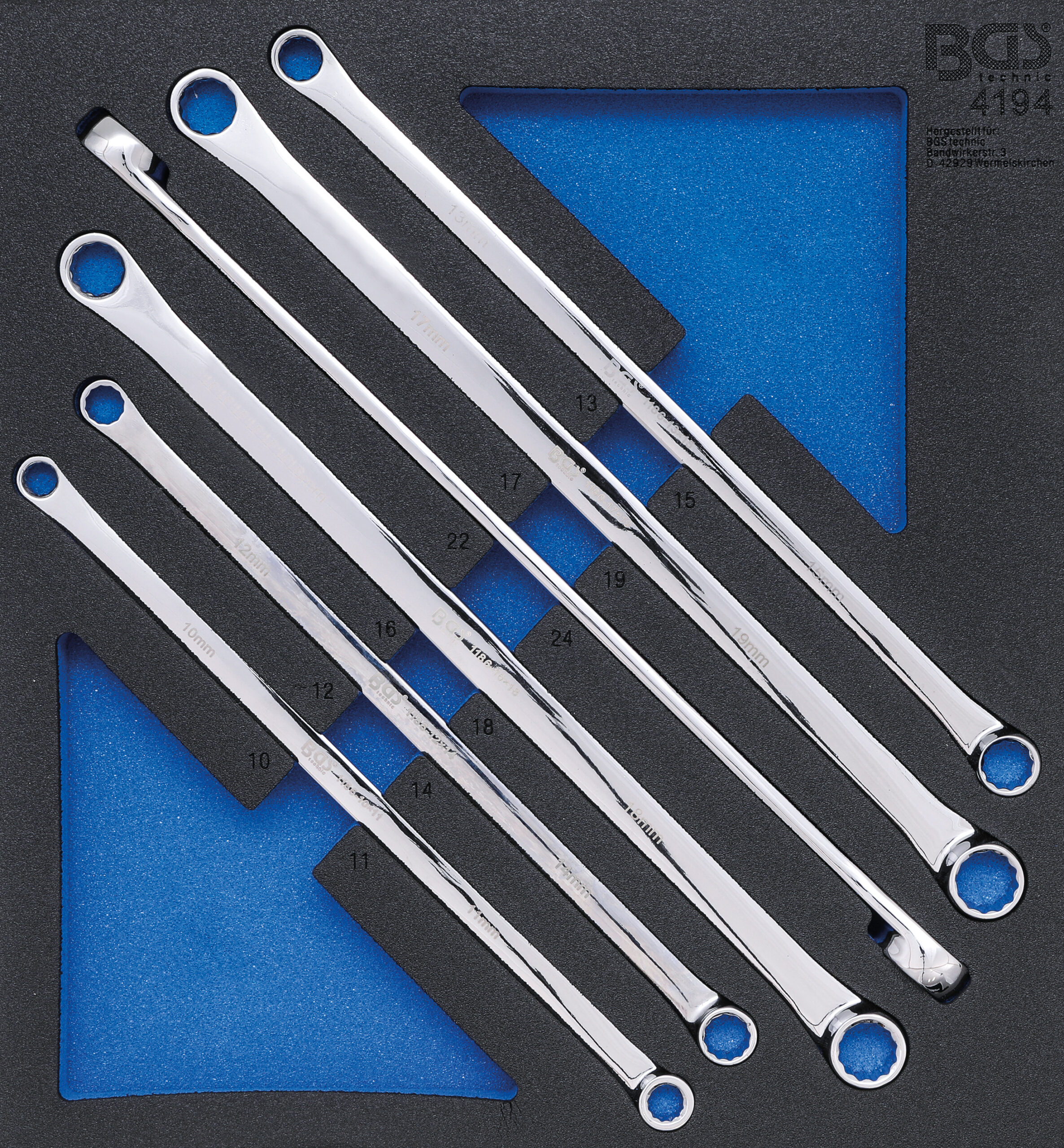 Werkstattwageneinlage 2/3: Doppel-Ringschlüssel-Satz | extra lang | SW 10 x 11 - 22 x 24 mm | 6-tlg. BGS