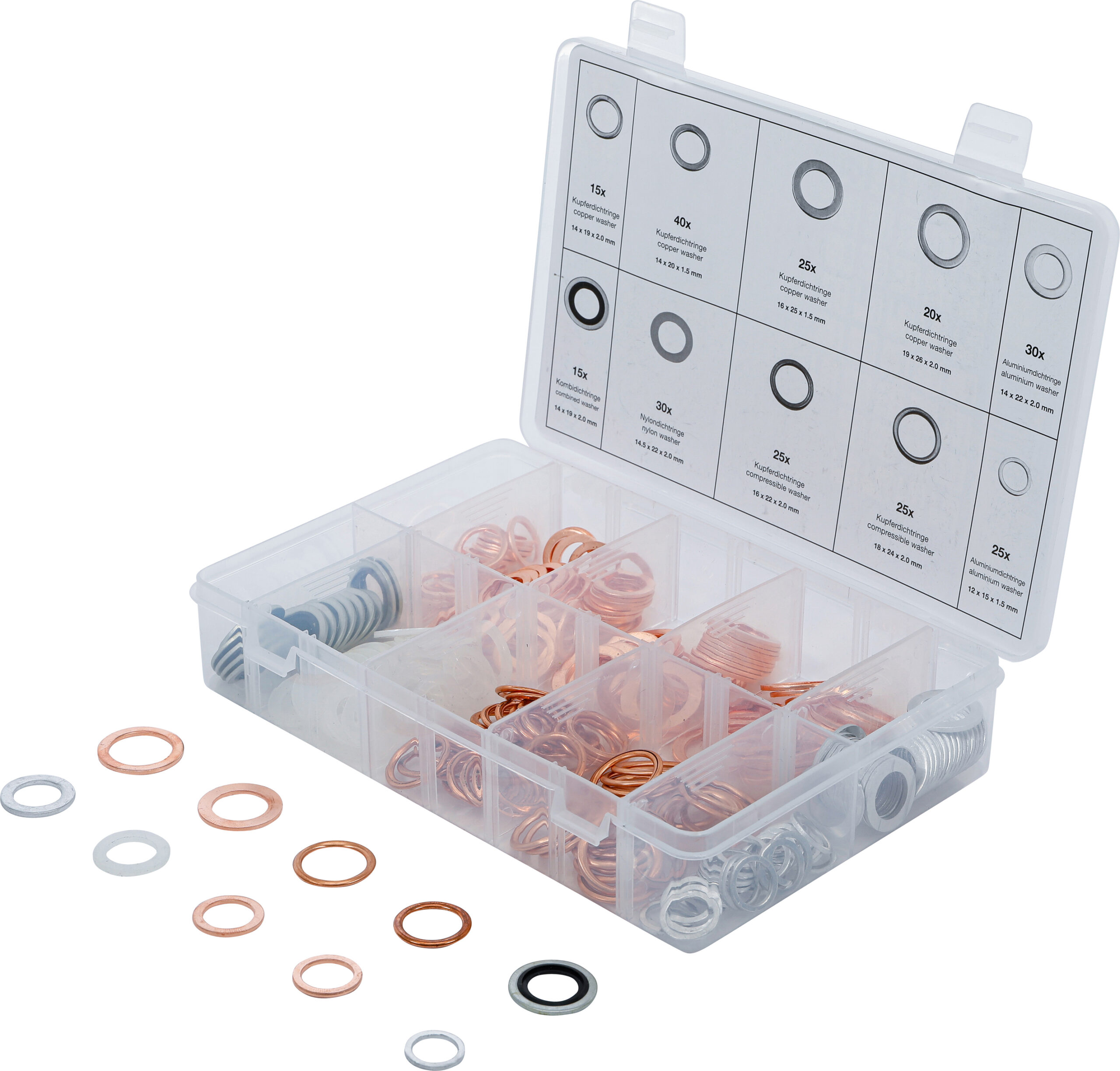 Dichtring-Sortiment | Kupfer, Aluminium, Nylon | 250-tlg. BGS